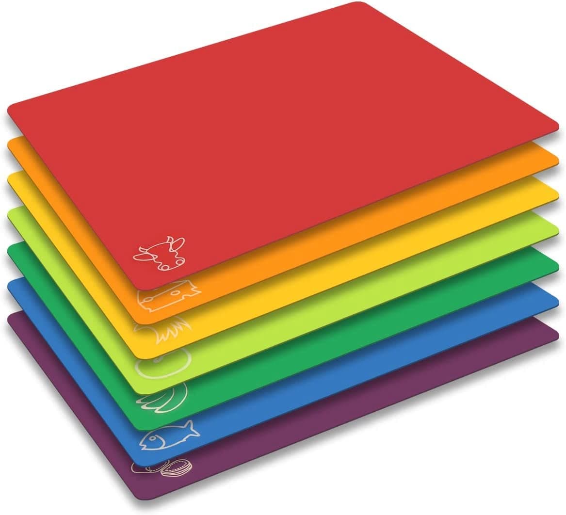 Flexible Plastic Colored Cutting Board Mats with Food Icons - Anti-skid, BPA-Free, Non-Porous
