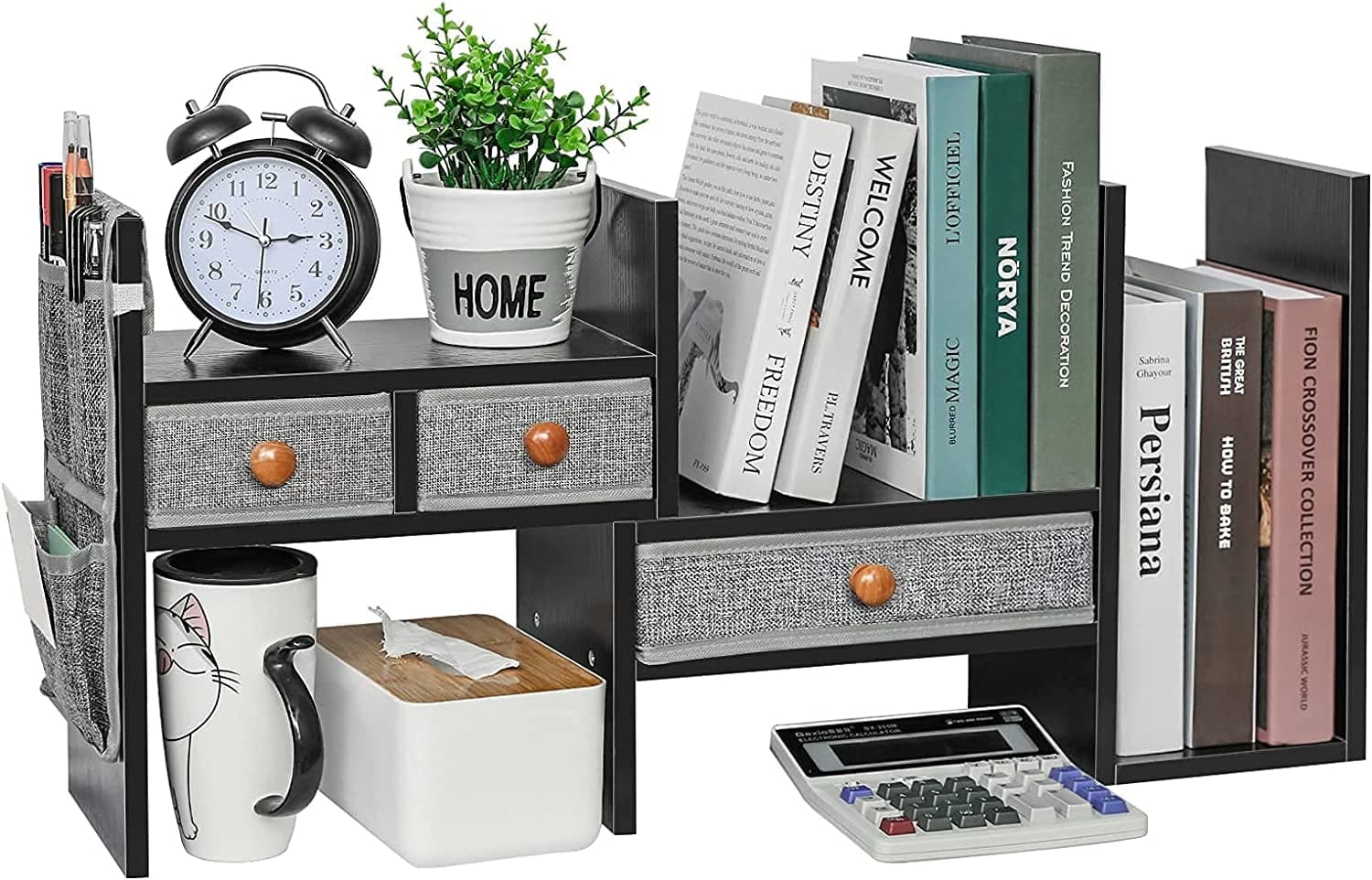 Expandable Desktop Bookshelf with Drawers (Black)