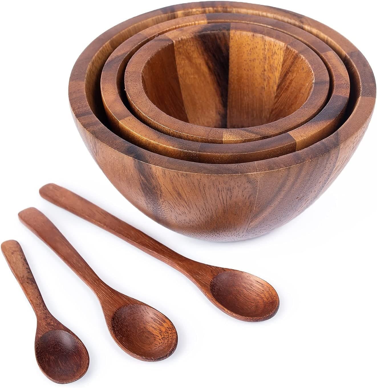 Set 3 Large Acacia Wood Nesting Round Serving Bowls With Stackable Wooden Spoons and Forks Utensils
