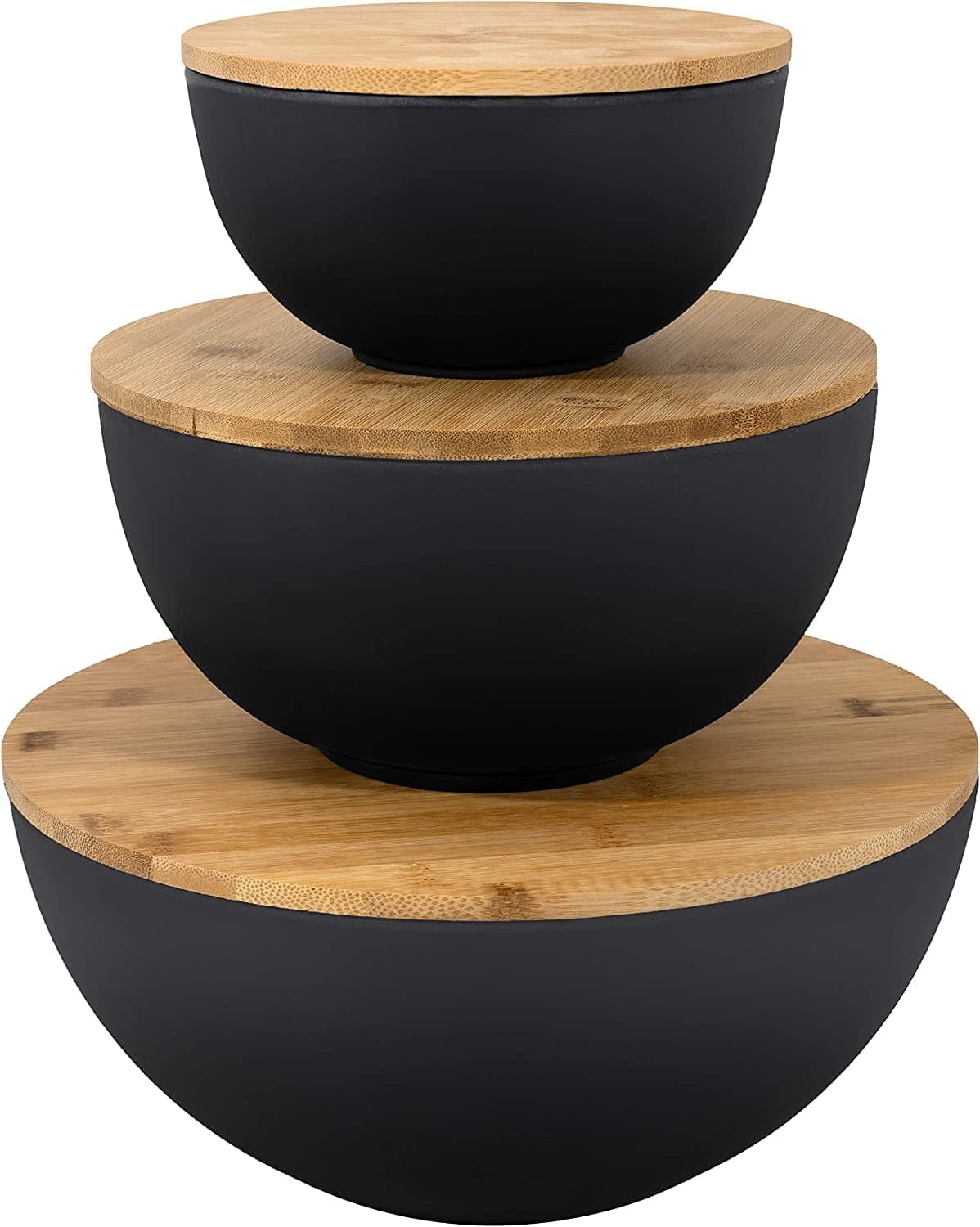 Set Of 3 Large Salad Bowl With Lid - Bamboo Fibre like Melamine Mixing Bowl, Wooden Lids
