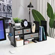 Bamboo Expandable Desktop Bookshelf Bookcase with Drawers