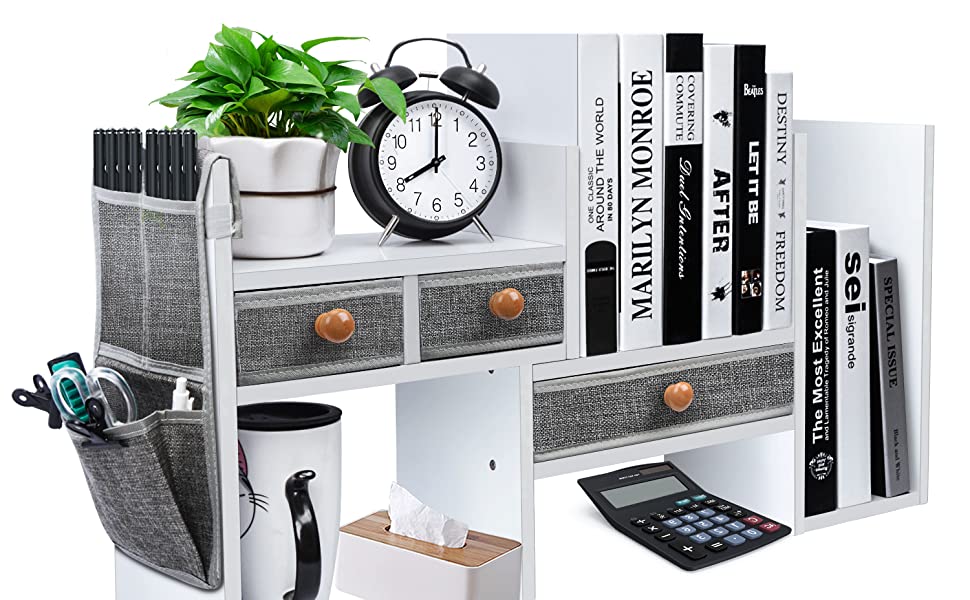 Expandable Desktop Bookshelf with Drawers (White) Teeo Creations USA
