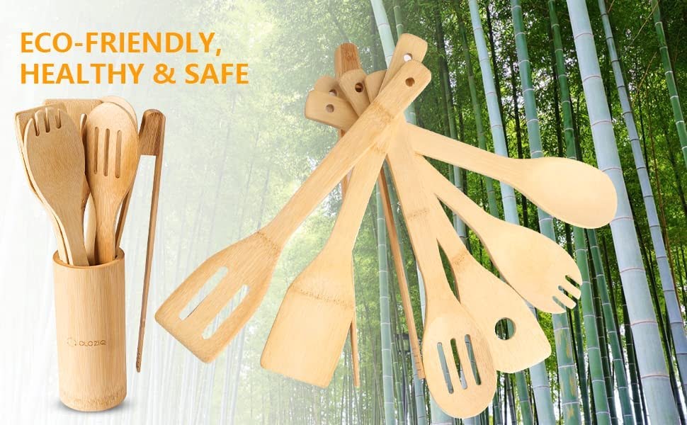 7 Pcs Bamboo Wooden Kitchen Utensil Set with Holder