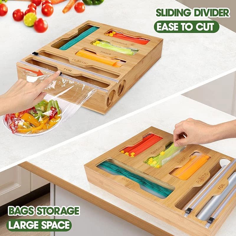 Bamboo Ziplock Bag Storage Organizer with Openable Top Lids Food Storage  Bag Holders Box