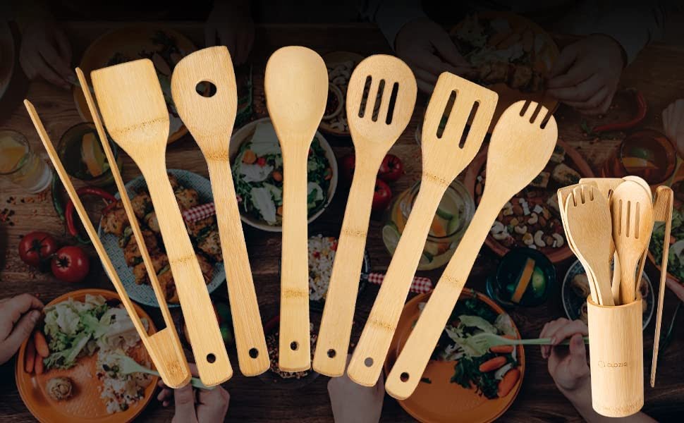 7 Pcs Bamboo Wooden Kitchen Utensil Set with Holder