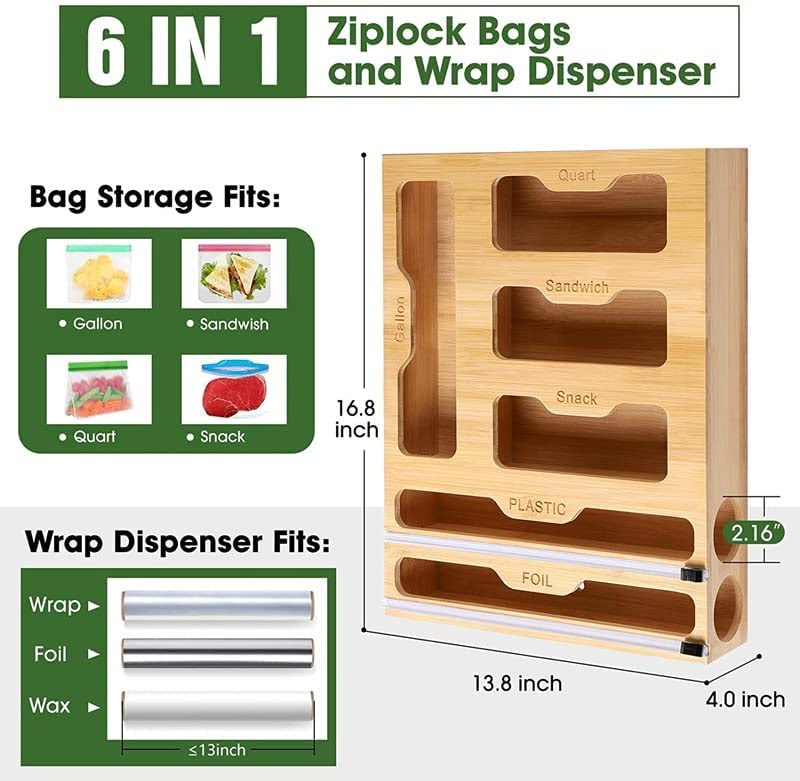 6 in 1 Ziplock Bag Organizer - Bamboo Sandwich Bag Organizer