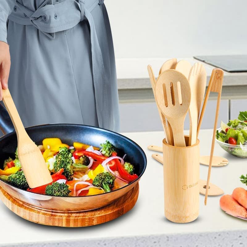 7 Pcs Bamboo Wooden Kitchen Utensil Set with Holder