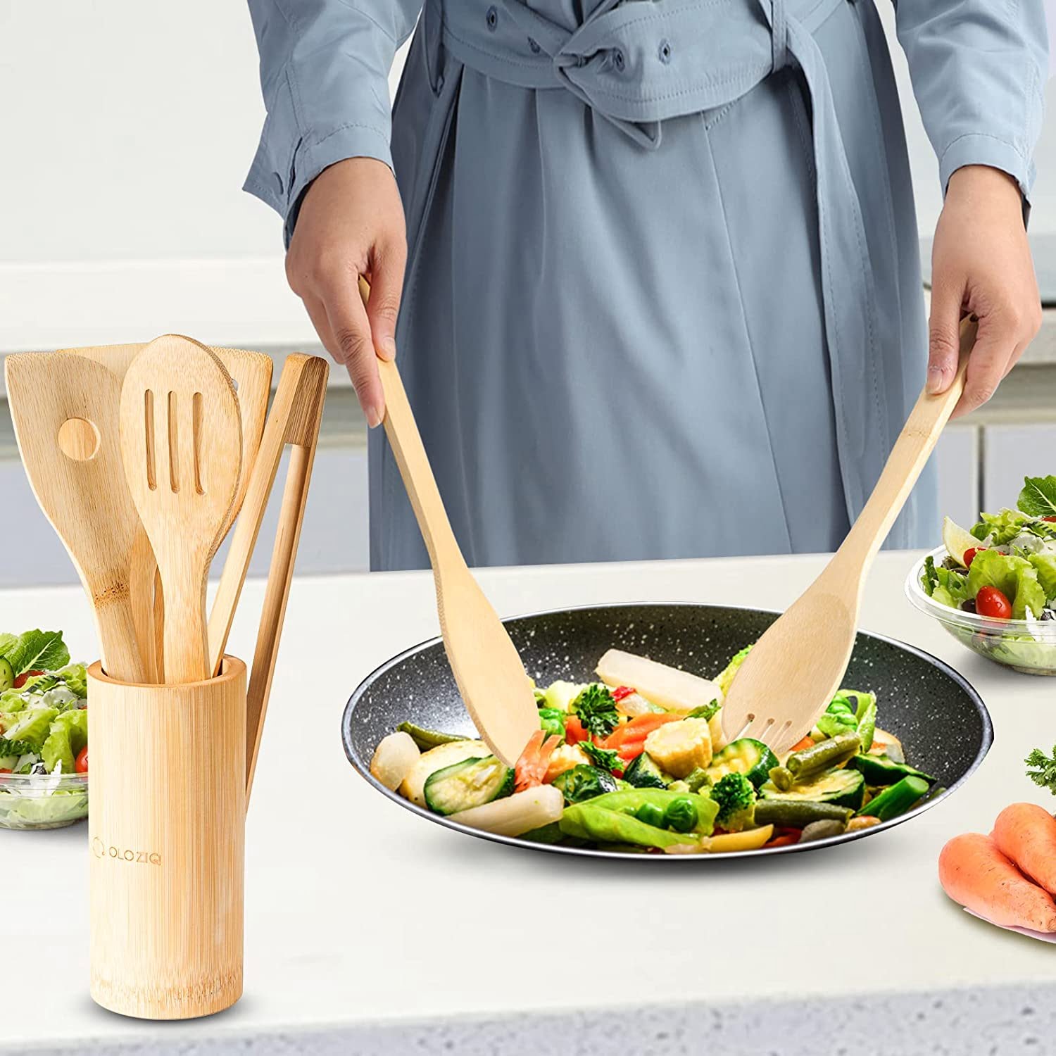 7-Piece Silicone and Bamboo Kitchen Utensils Set with Holder for Cooking,  Virtually Non-Stick, with …See more 7-Piece Silicone and Bamboo Kitchen