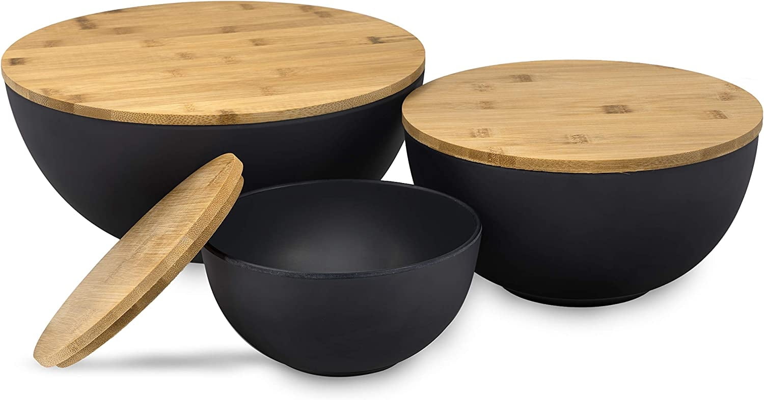 Glass mixing bowl set with bamboo lids. Oven and Microwave safe.