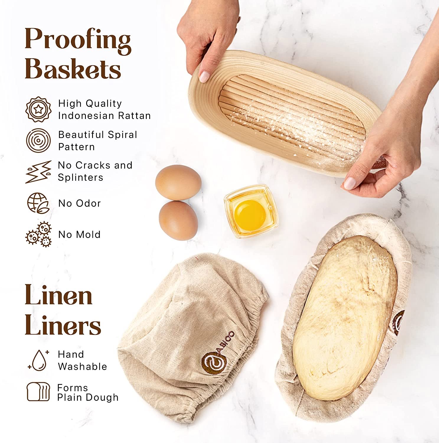 Bread Proofing Basket Set of 2 10 Inch Round&Oval Banneton Bread Proofing  Baskets Proofing Basket Kit with liner cloth, dough scraper, bread scoring