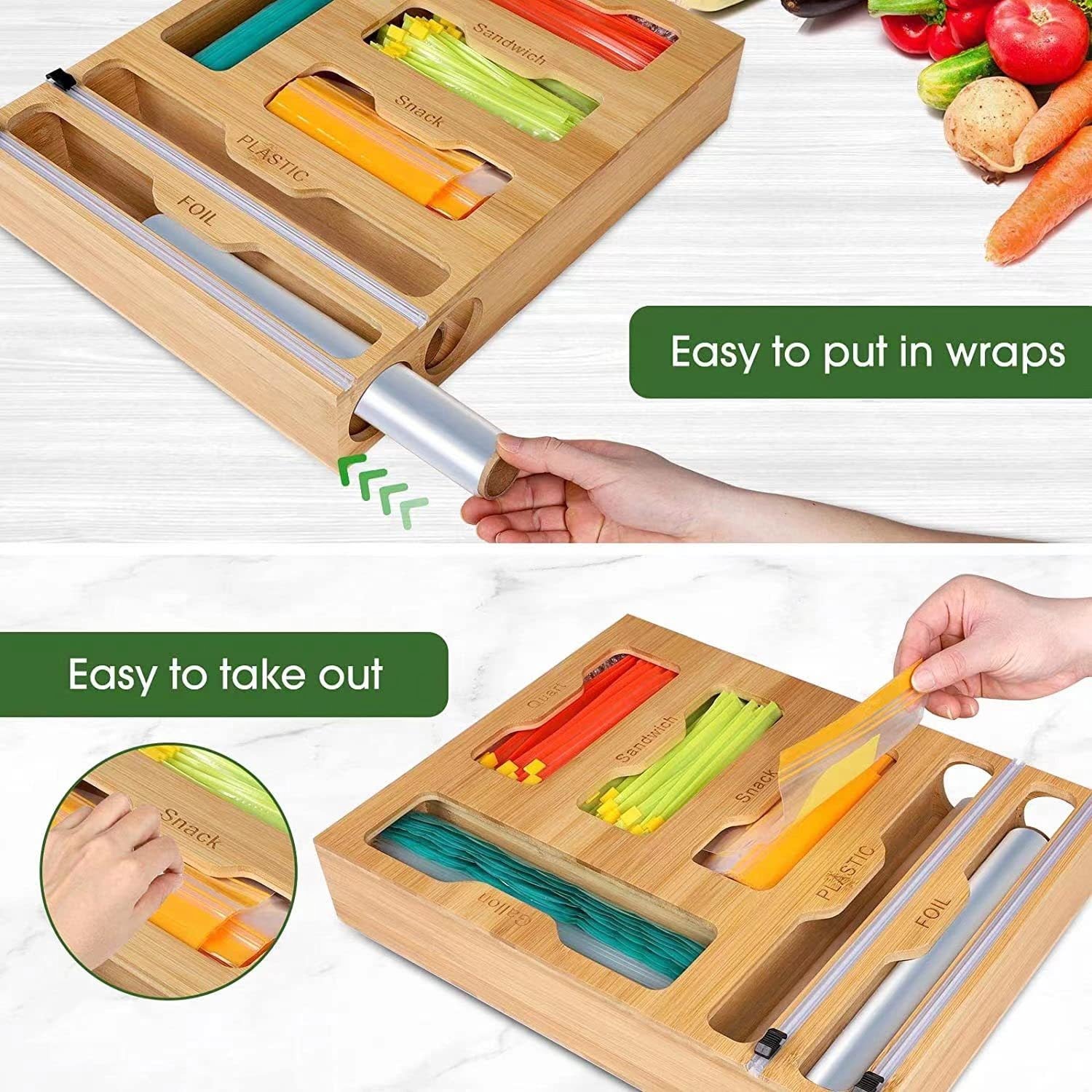  Bamboo Ziplock Bag Storage Organizer w/ 4 Compartments