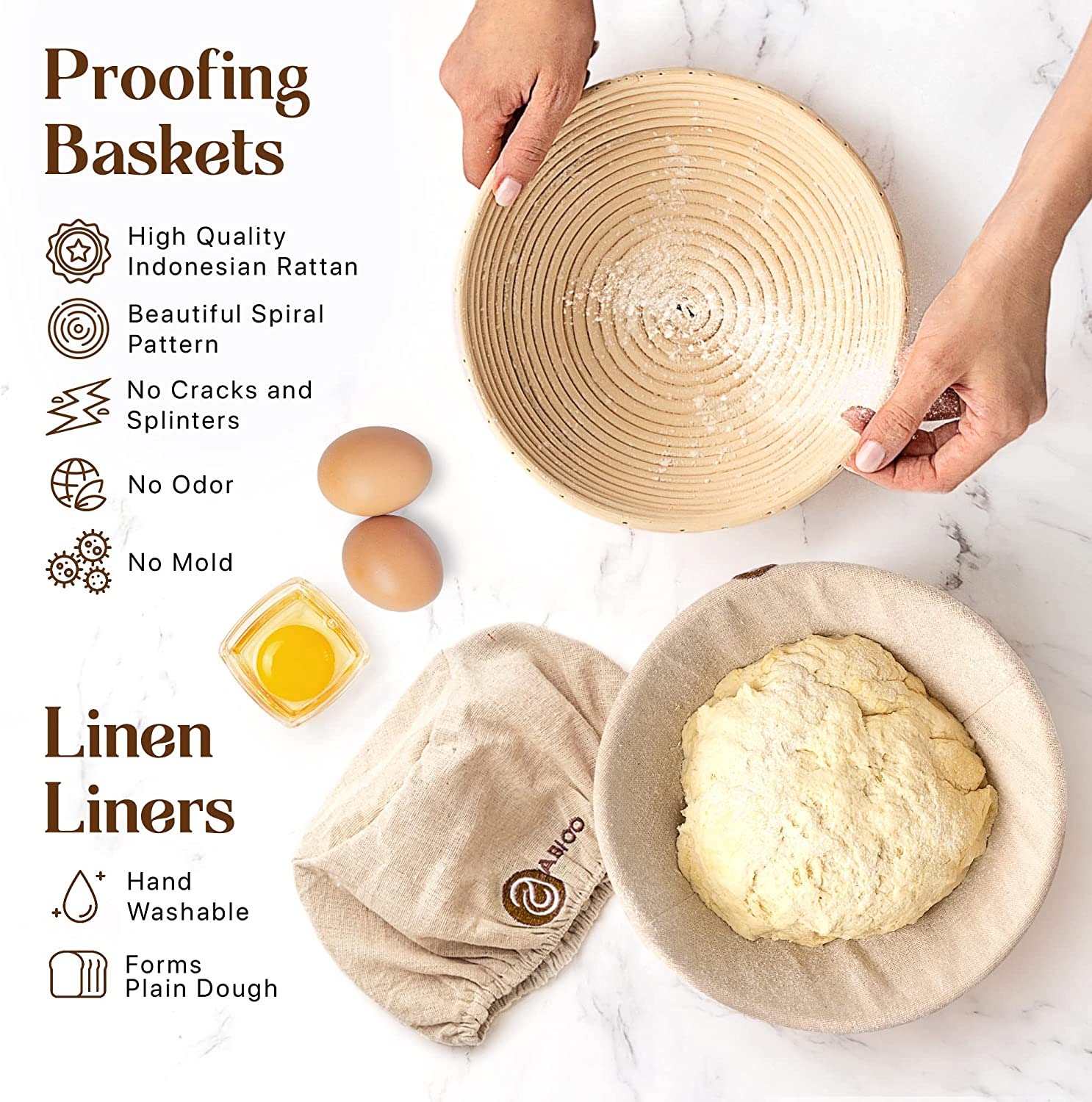 2x Oval Bread Banneton Proofing Basket Baking Bowl Set With Dough