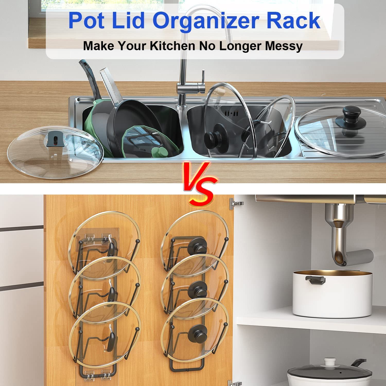 2-Pack Pot Lid Organizer Rack - 6 Tier Holder for Cabinet Door or Wall Mount