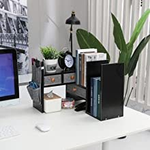 Expandable Desktop Bookshelf Bookcase with Drawers