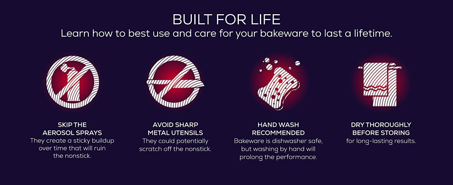 no aerosol sprays, hand wash recommended, avoid sharp utensils, dry thoroughly before storing