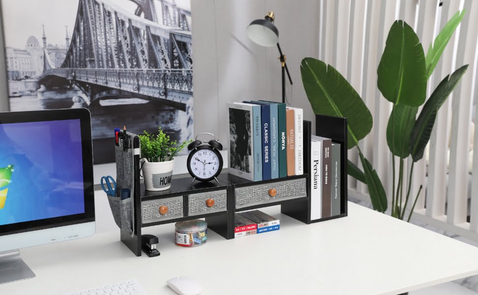 Bamboo Expandable Desktop Bookshelf Bookcase with Drawers